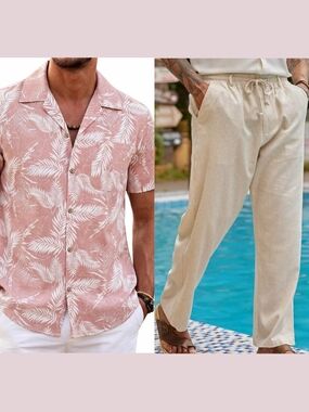 NWT Men's 2-Piece Resort Vacation Outfit Set | Pink Tropical Shirt & Linen  S